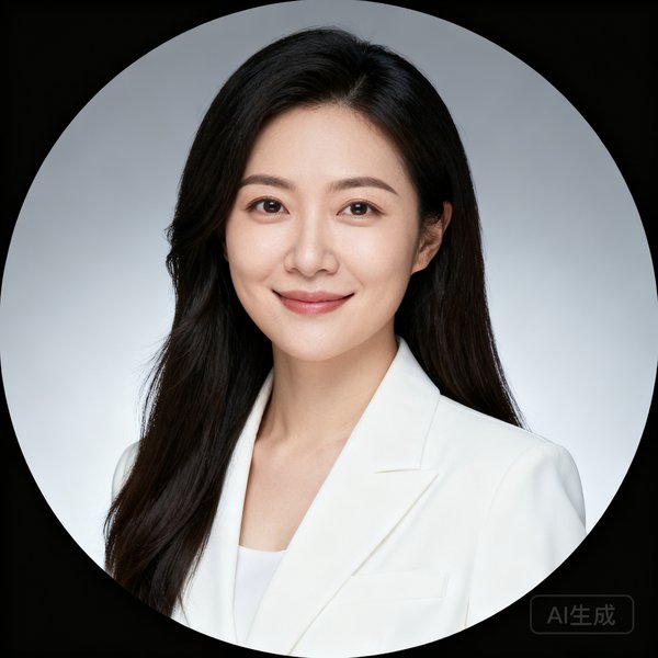陈敏联合创始人兼COO的圆形头像，女性，长发披肩，穿着白色西装外套，干练而亲和